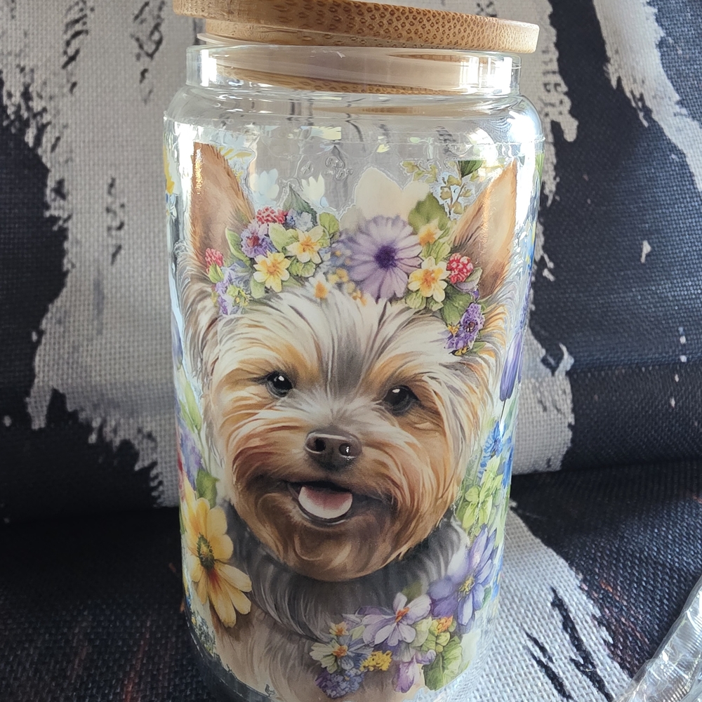 Floral Dog Design Glass Jar with Bamboo Lid